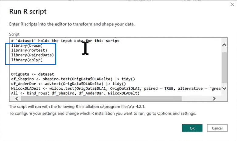 Power BI Statistical Analysis R Script Libraries