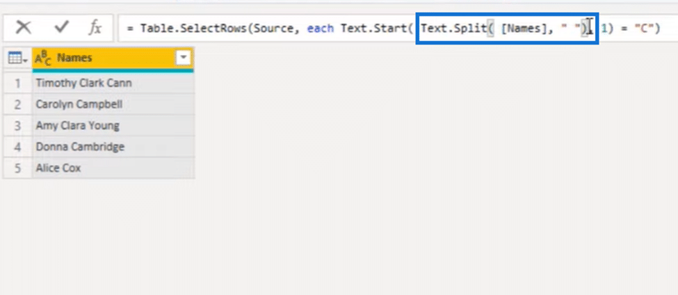 Power Query filter: Text.Sp;lit