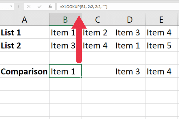 Example of using XLOOKUP to compare two rows