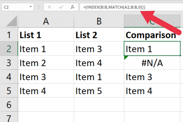 Example of using the INDEX and MATCH function in Excel