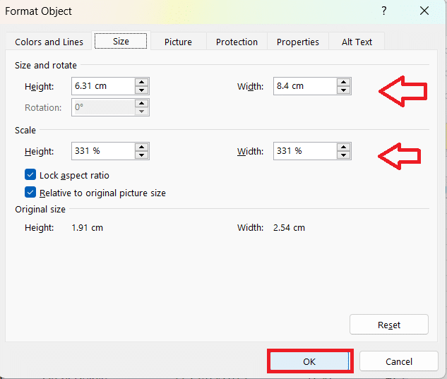 Adjust size and click OK to save changes