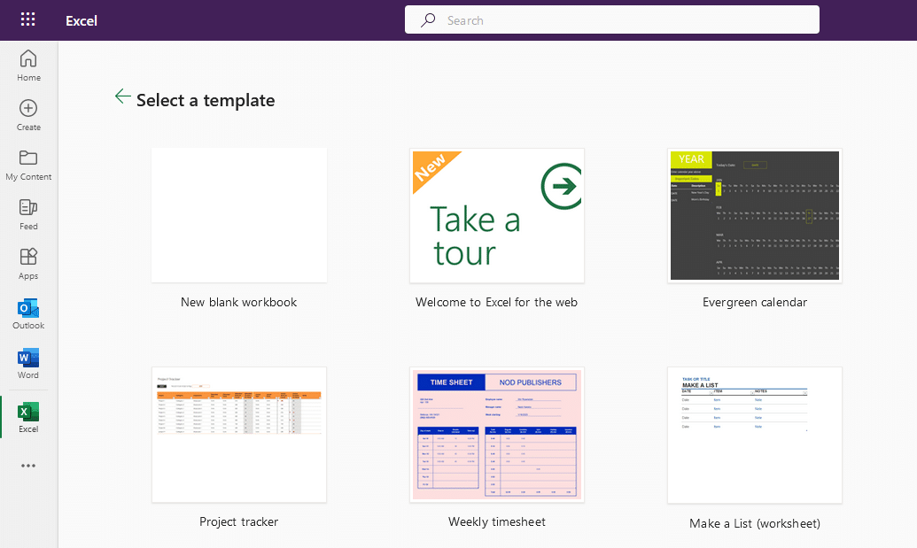 A sample of the templates available on Microsoft Excel Online