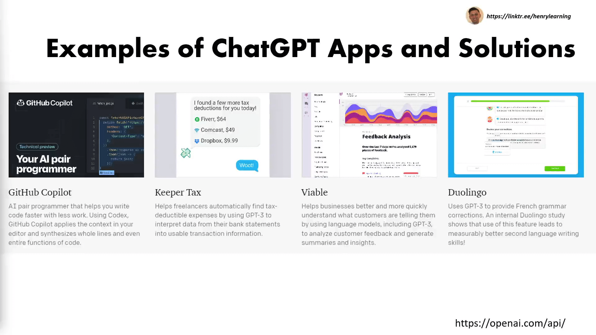 Duolingo, Viable, Keeper Tax, and GitHub Copilot are examples of services that are using the ChatGPT API
