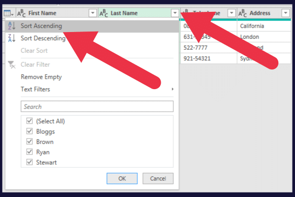 power query editor sort ascending