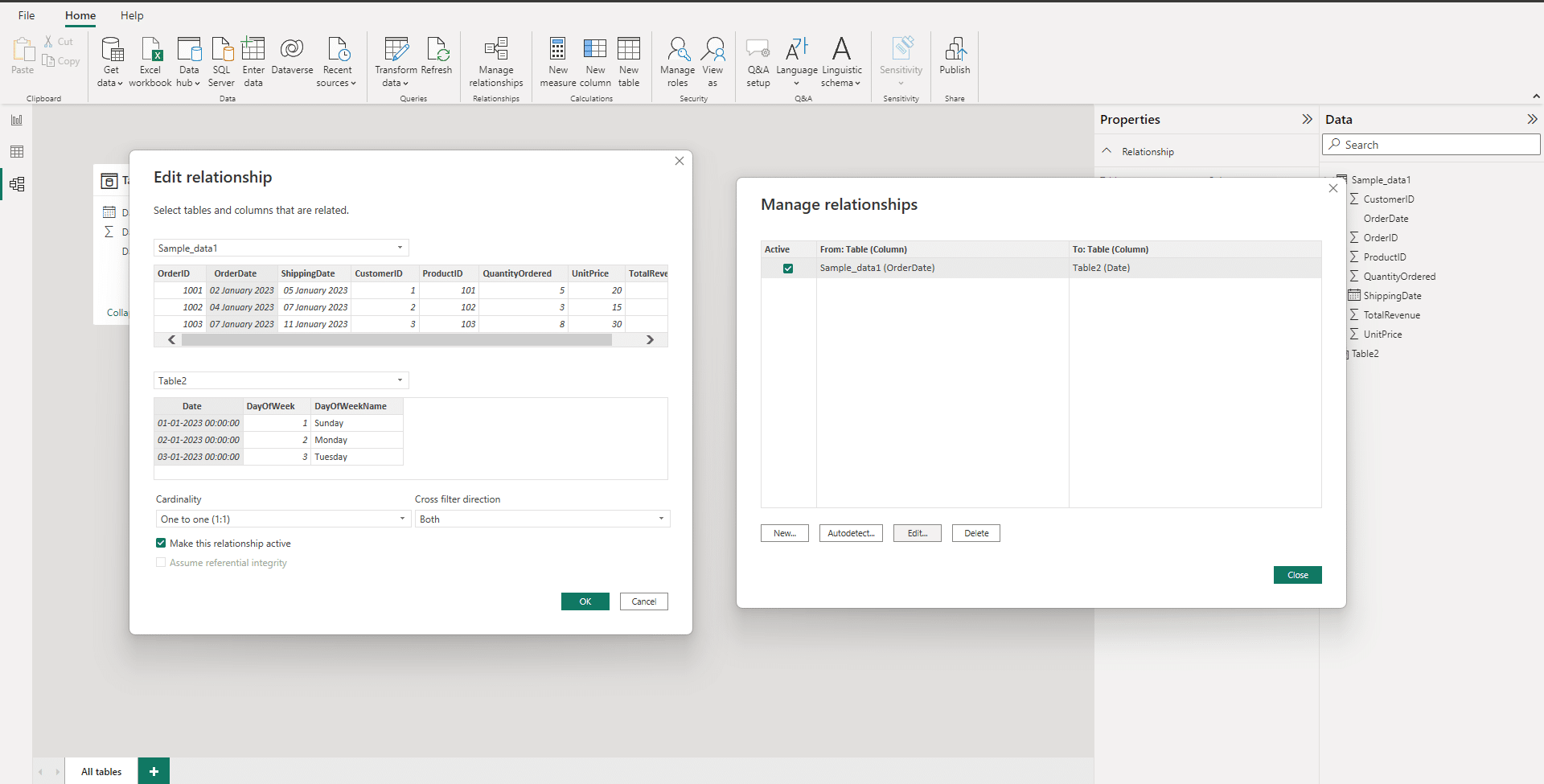 Microsoft Power BI Desktop Date Table - Connecting the Date Table to Other Tables (Editing connections)