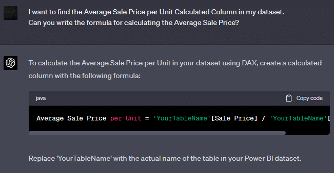 Sample Prompt to ChatGPT for finding Average Sales Price
