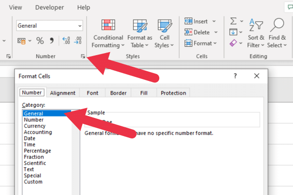 The General option in the Format Cells dialog box