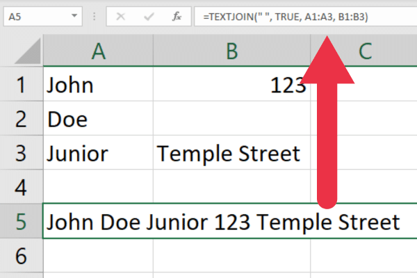 formula that uses textjoin function with a space and two ranges
