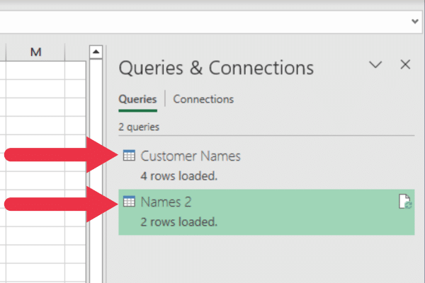 two queries in the queries and connections panel