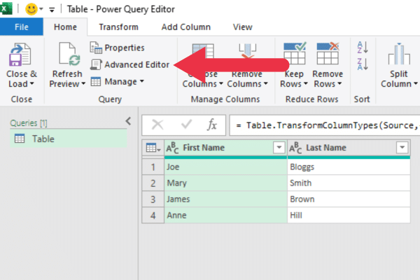 power query advanced editor button on home tab ribbon