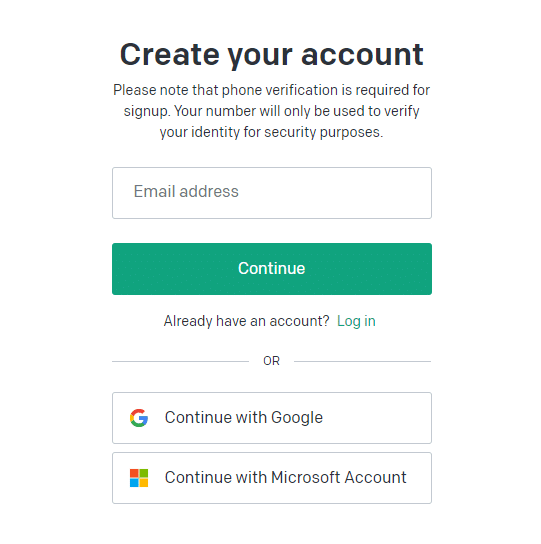 Compila la tua email e crea una password forte per creare un account per accedere a Chatgpt