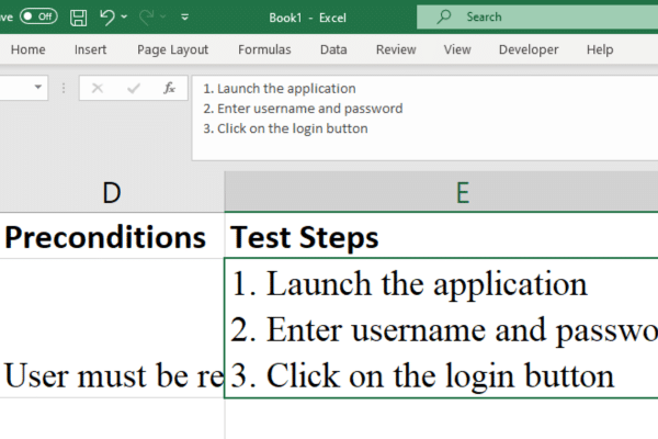 Example of test steps in an Excel test case