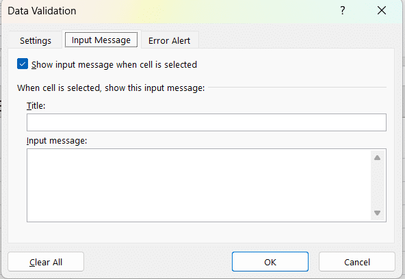 Data Validation Input Message Screen