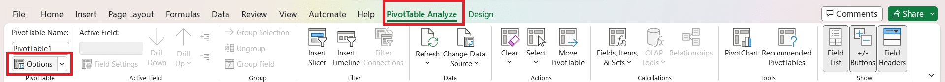 Open Options from PivotTable Analyze