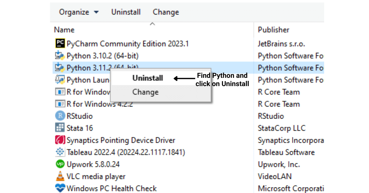 Find Python in installed programs and uninstall it