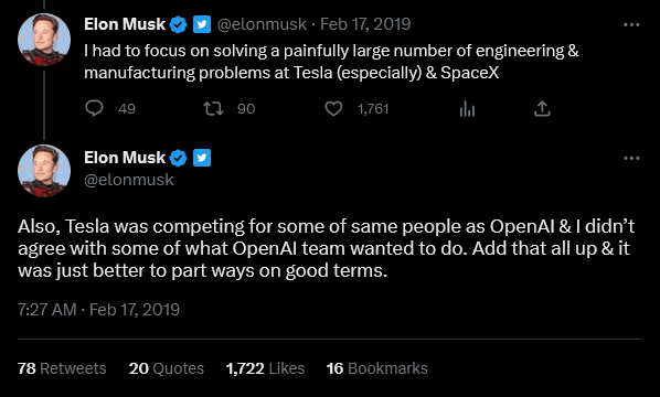 Elon Musk talked about why he left OpenAI in 2019.
