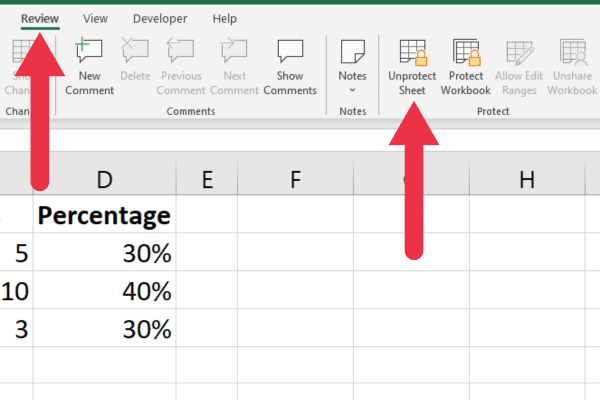 Unprotect sheet option in Review tab