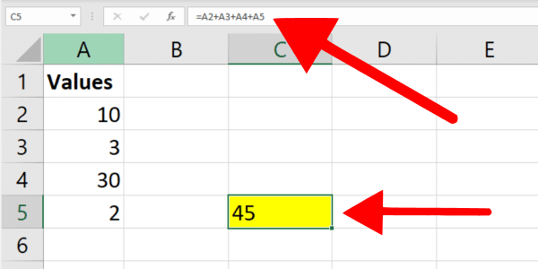Plus operator to add numbers in Excel cells