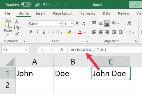 formula that uses concat and a space to concatenate cells A1 and B1