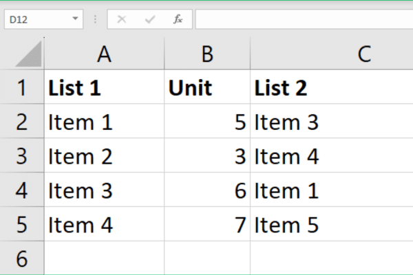 Sample Excel data with three columns
