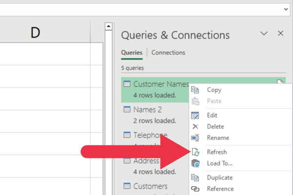 refresh power query in queries & connections