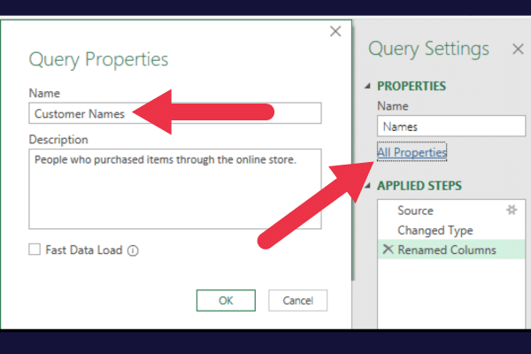 power query editor query properties
