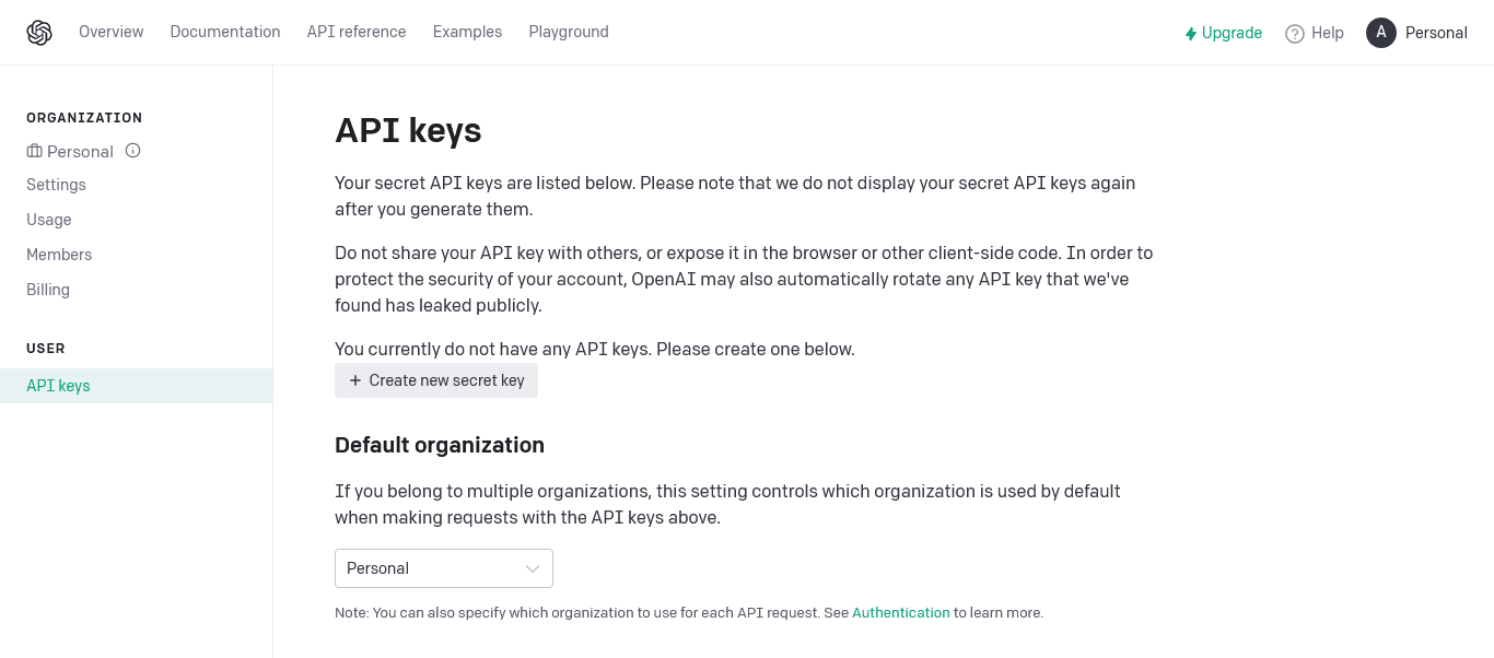Go the API keys page to acccess OpenAI's API