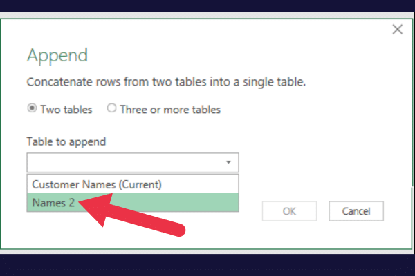 power query append dialog box