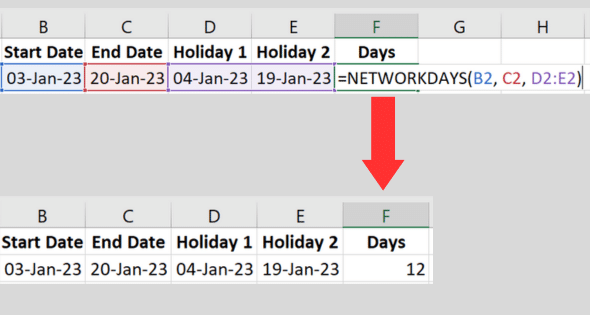Example shows the result of using the DAYS function with a holiday range to subtract the start date from the end date.