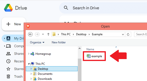 Choose the Excel file you want to upload to Google Drive