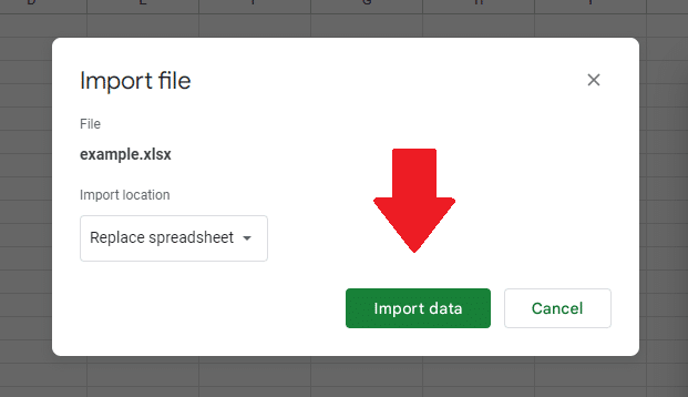 After the file uploads, click "import data" to incorporate its contents into a Google Sheet spreadsheet