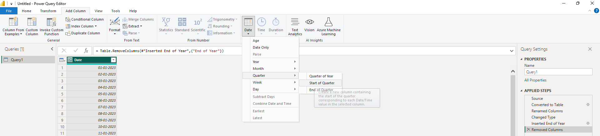 Microsoft Power BI Desktop Date Table Using Power Query editor : Adding column