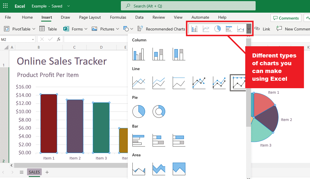 Excel supports a variety of charts and visualizations