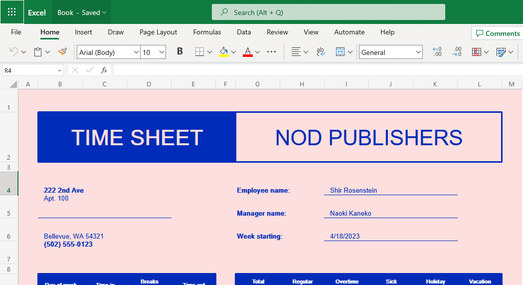 Example of a time sheet made using Microsoft Excel