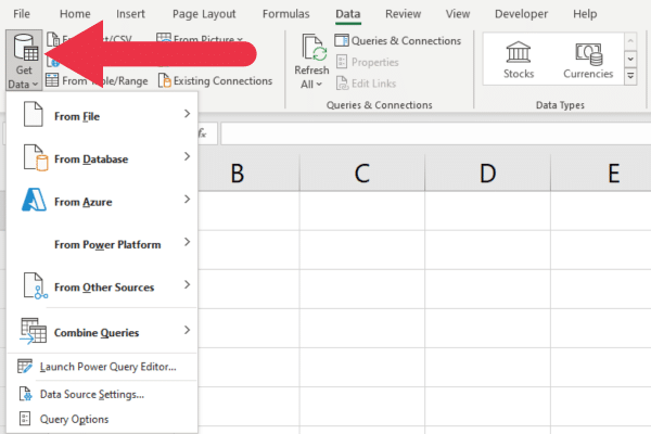 power query get data drop-down menu