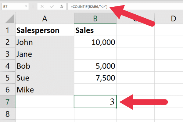 Using the COUNTIF function on a list of numbers with some empty cells