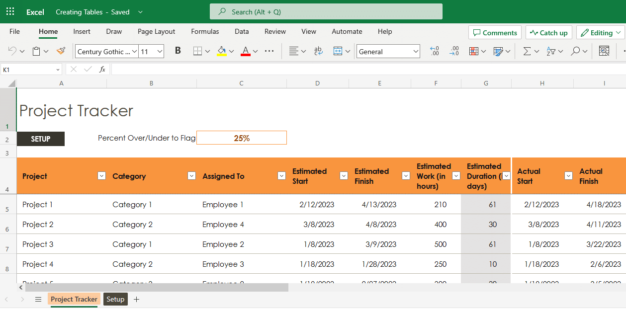 Example of a table made using Microsoft Excel