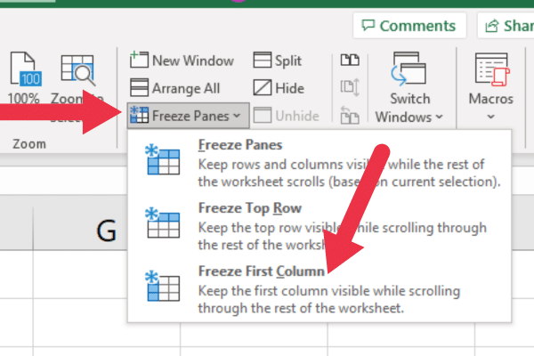 Freeze First Column option under the Freeze Panes menu