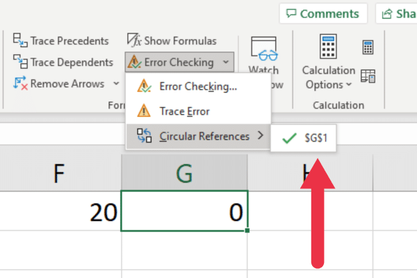 error checking tool displaying a circular reference