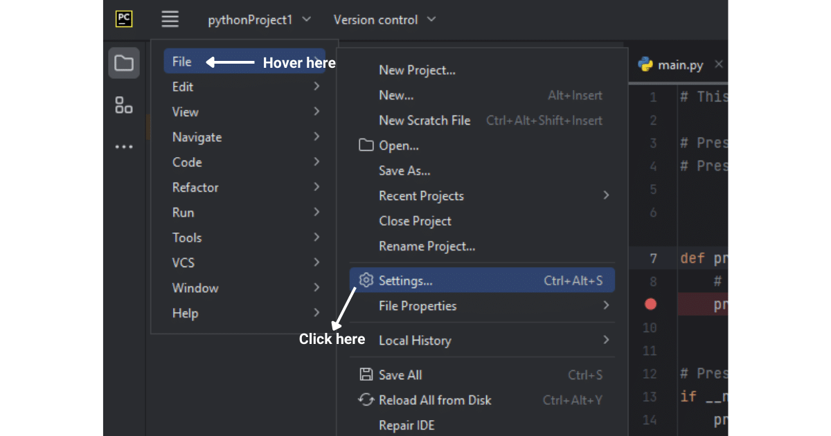 Navigating to Settings Panel in PyCharm