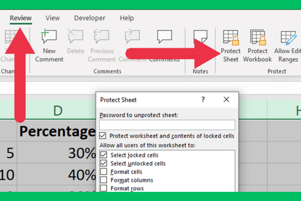 Protect Sheet option in the Review tab