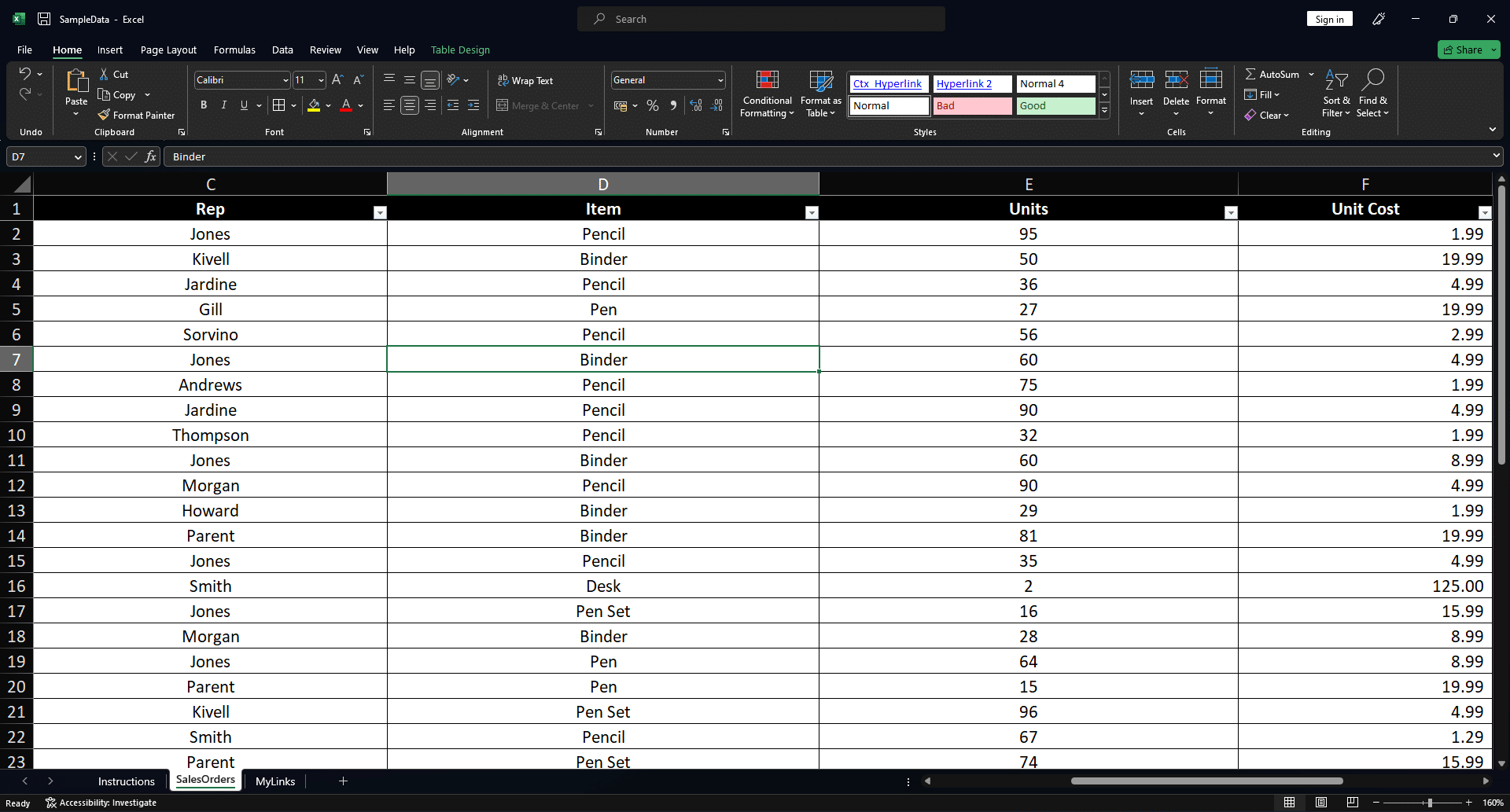 Sample Excel data from Microsoft