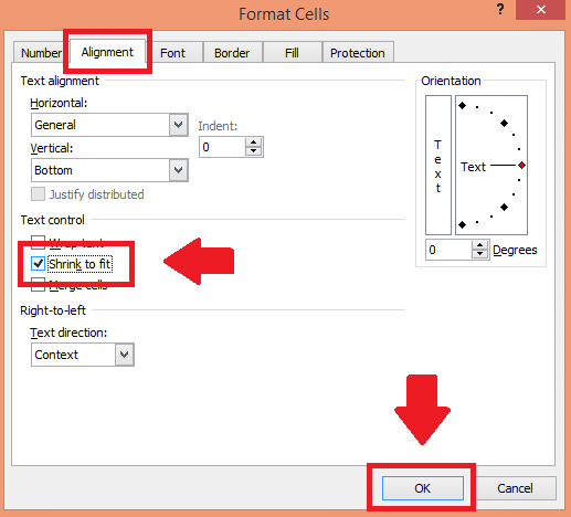 In the dialog window, click on the "Alignment" tab then check the "Shrink to fit" checkbox, and finally click "OK" to apply the change.
