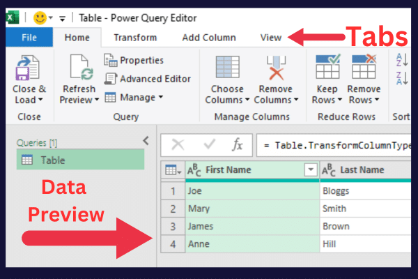 power query editor tabs