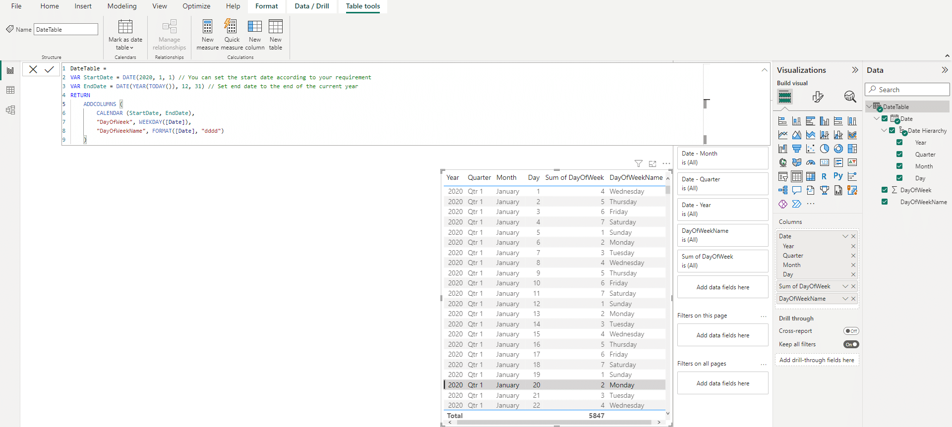 Microsoft Power BI Desktop Date Table Using DAX Code example