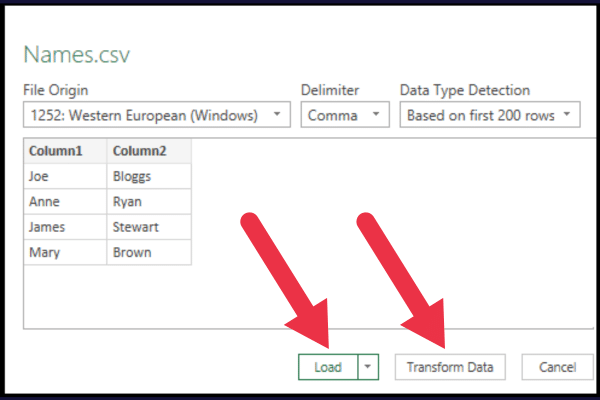 load and transform buttons on the import file preview pane