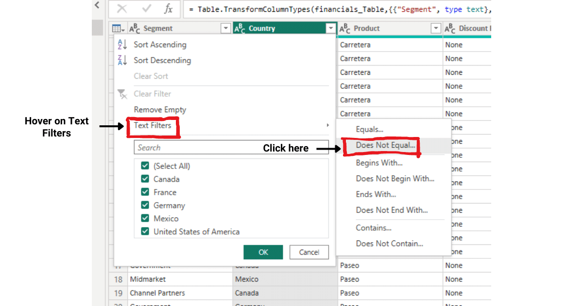 Navigating to text filters options in Power BI
