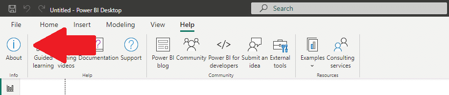 How to find the "About" page in Power BI Desktop.