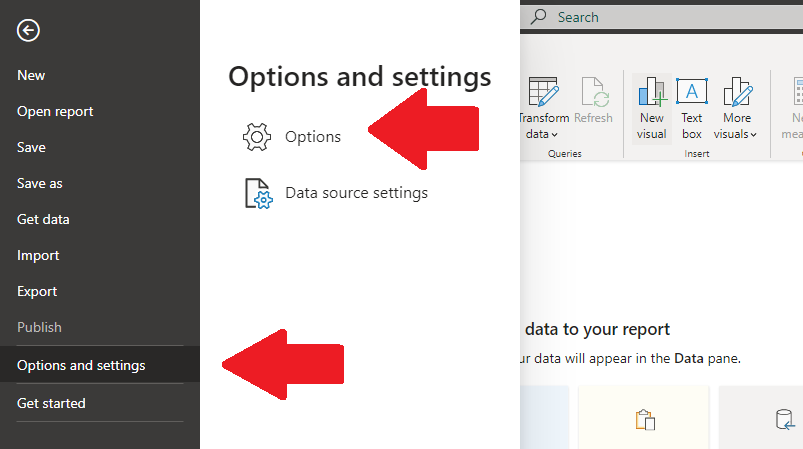 How to access the options menu in Power BI Desktop