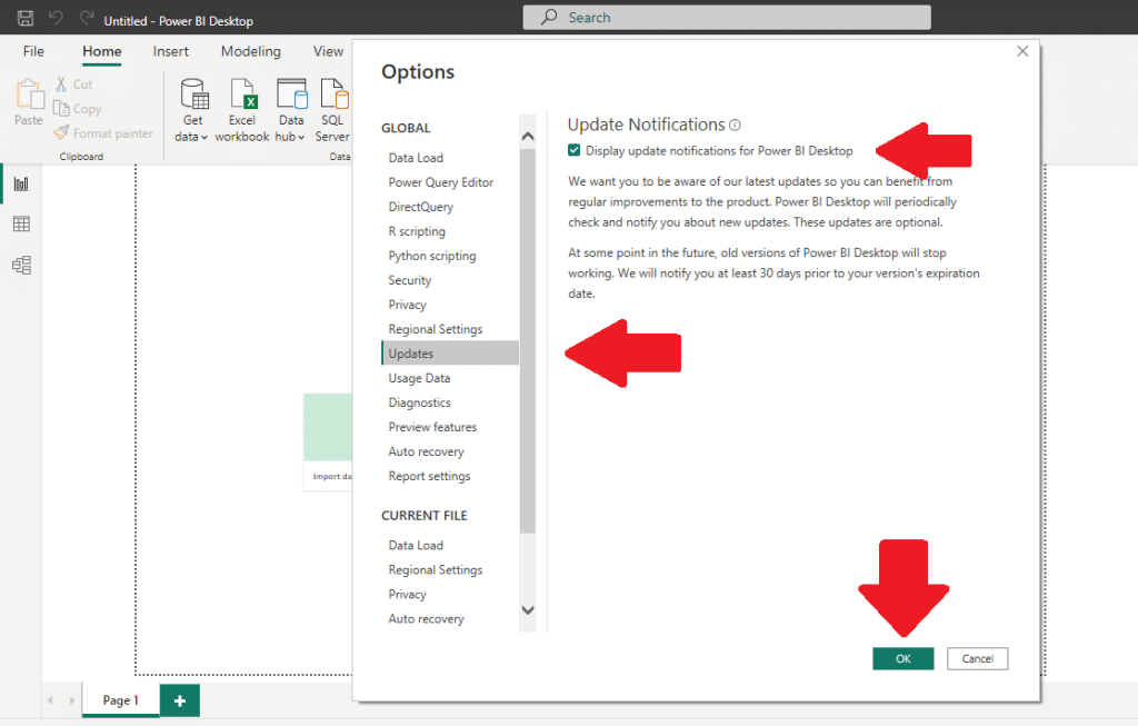 How to turn on notifications for updates on Power BI Desktop. 